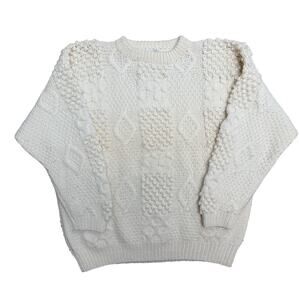 Fisherman Cable Knit Chunky Wool Sweater Size L Vintage Y2K Crew Neck Pullover‎